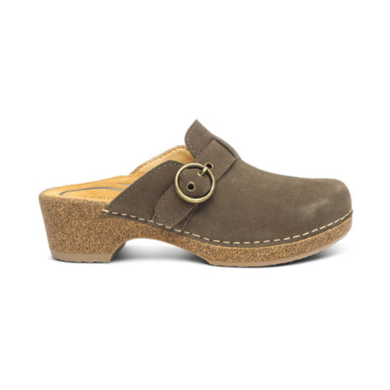 Brown suede clog shoe with a strap and buckle on a white background