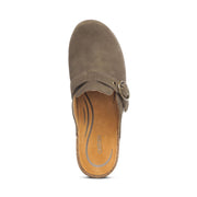 Brown suede clog shoe on a white background