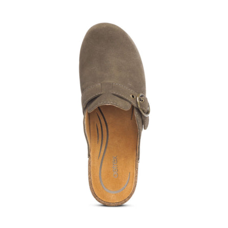 Brown suede clog shoe on a white background