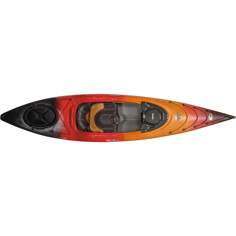 A red and orange kayak from a birds eye view on a white background