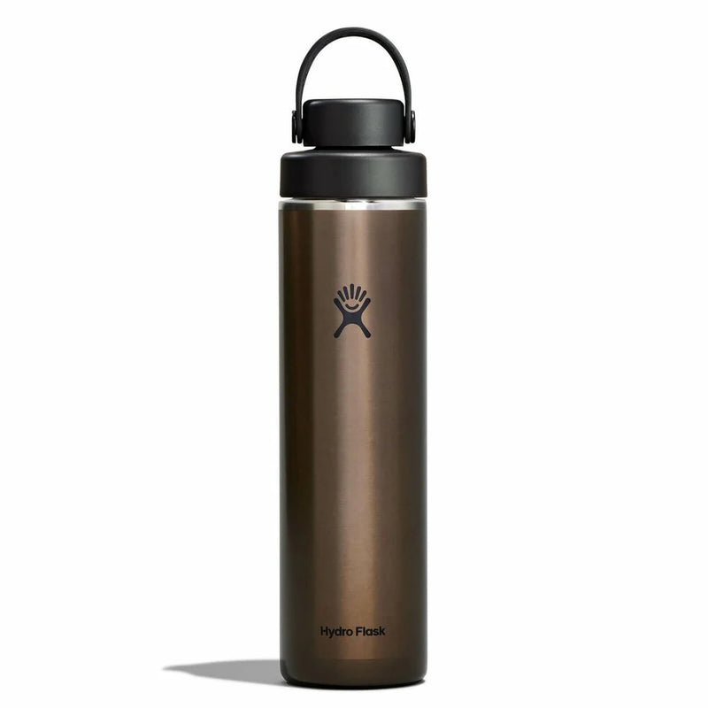 Brown Hydro Flask water bottle with black lid on a white background