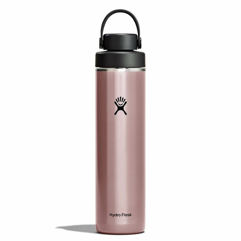 Pink Hydro Flask water bottle with black lid on a white background