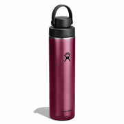 Purple water bottle with black lid on a white background