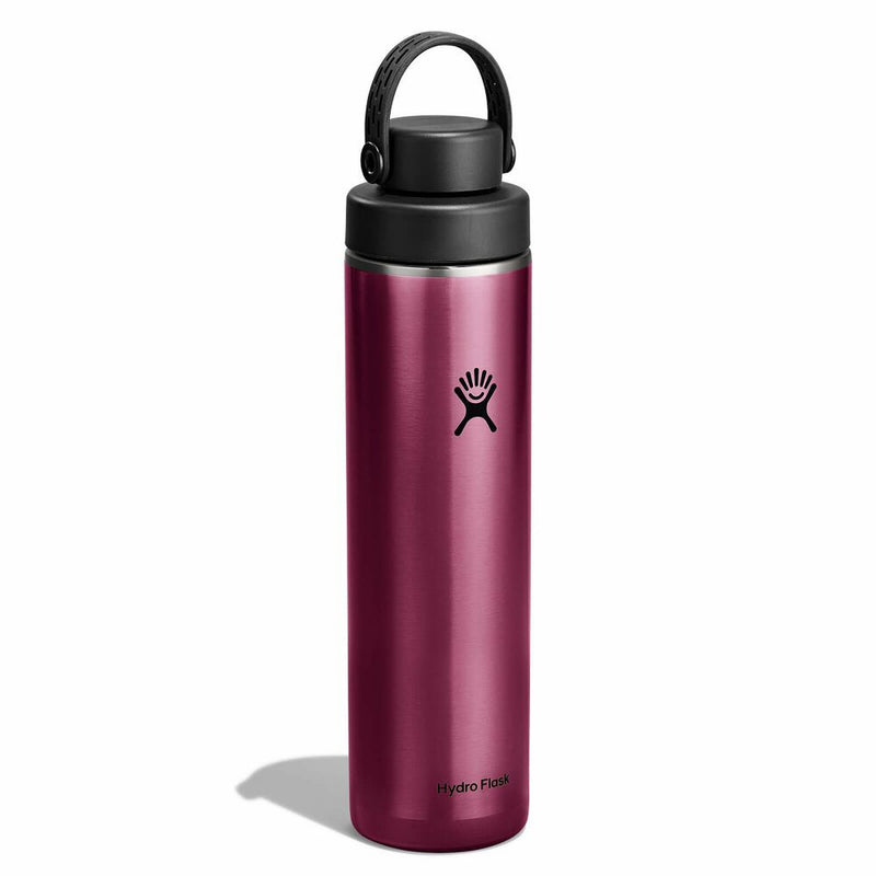 Purple water bottle with black lid on a white background