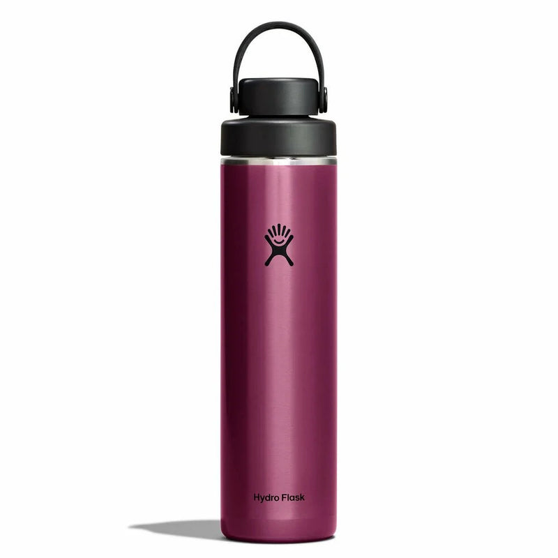 Purple Hydro Flask water bottle with black lid on a white background