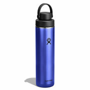 Blue water bottle with black lid on a white background