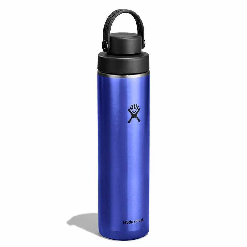 Blue water bottle with black lid on a white background