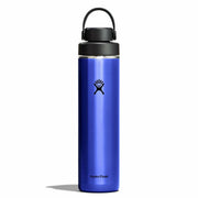 Blue Hydro Flask water bottle with black lid on a white background