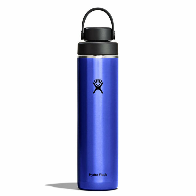 Blue Hydro Flask water bottle with black lid on a white background
