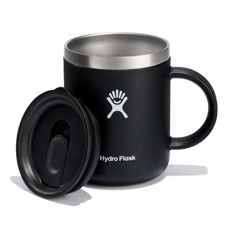 12oz Black Hydro Flask mug with white logo shown with the lid off and leaning to the side, on a white background