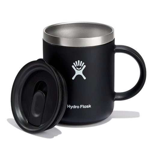 12oz Black Hydro Flask mug with white logo shown with the lid off and leaning to the side, on a white background