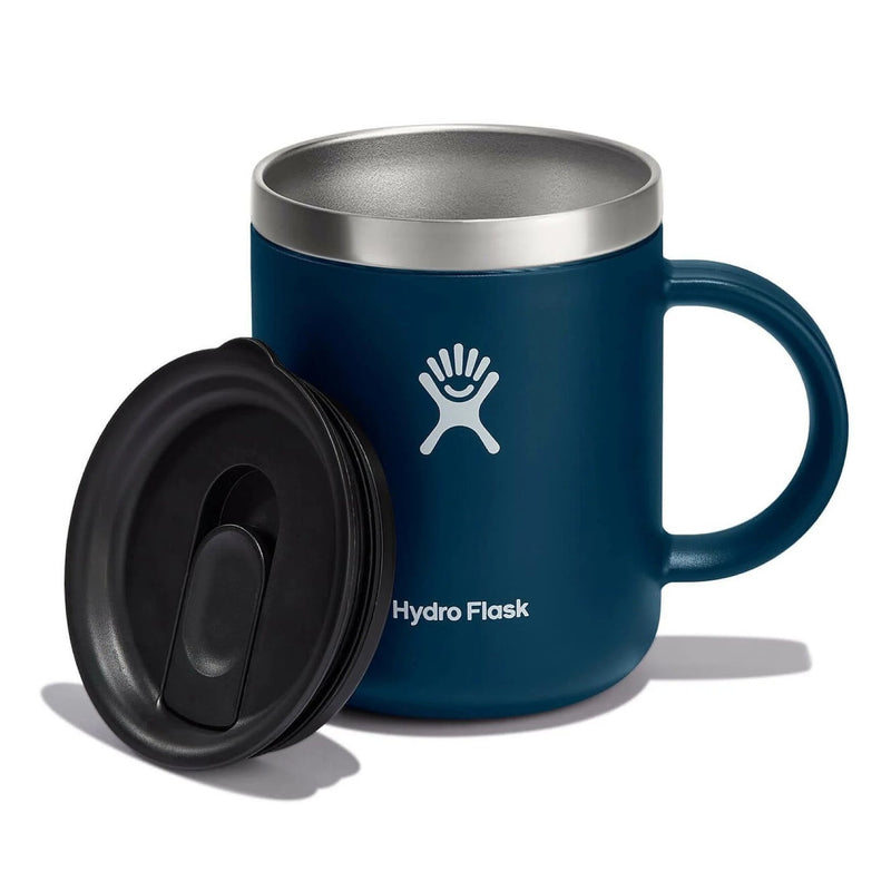 Dark blue Hydroflask mug with lid on a white background.