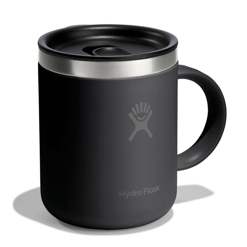 Black Hydro Flask mug with silver lid on a white background
