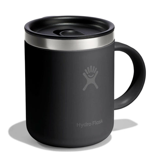 Black Hydro Flask mug with silver lid on a white background