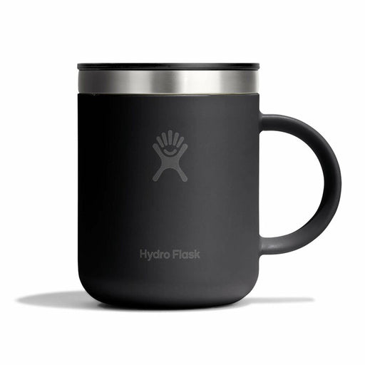 A matte black Hydro Flask insulated mug with a stainless steel rim and a matching black handle, shown on a clean white background.