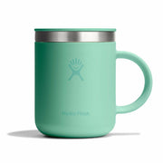 Mint green Hydro Flask mug with silver lid on a white background