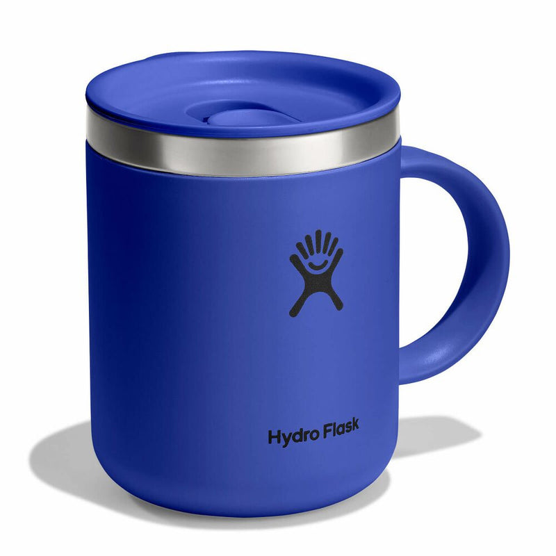 Blue Hydro Flask mug with a silver lid on a white background