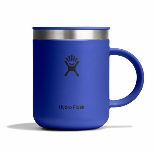 Blue Hydro Flask mug with silver lid on a white background
