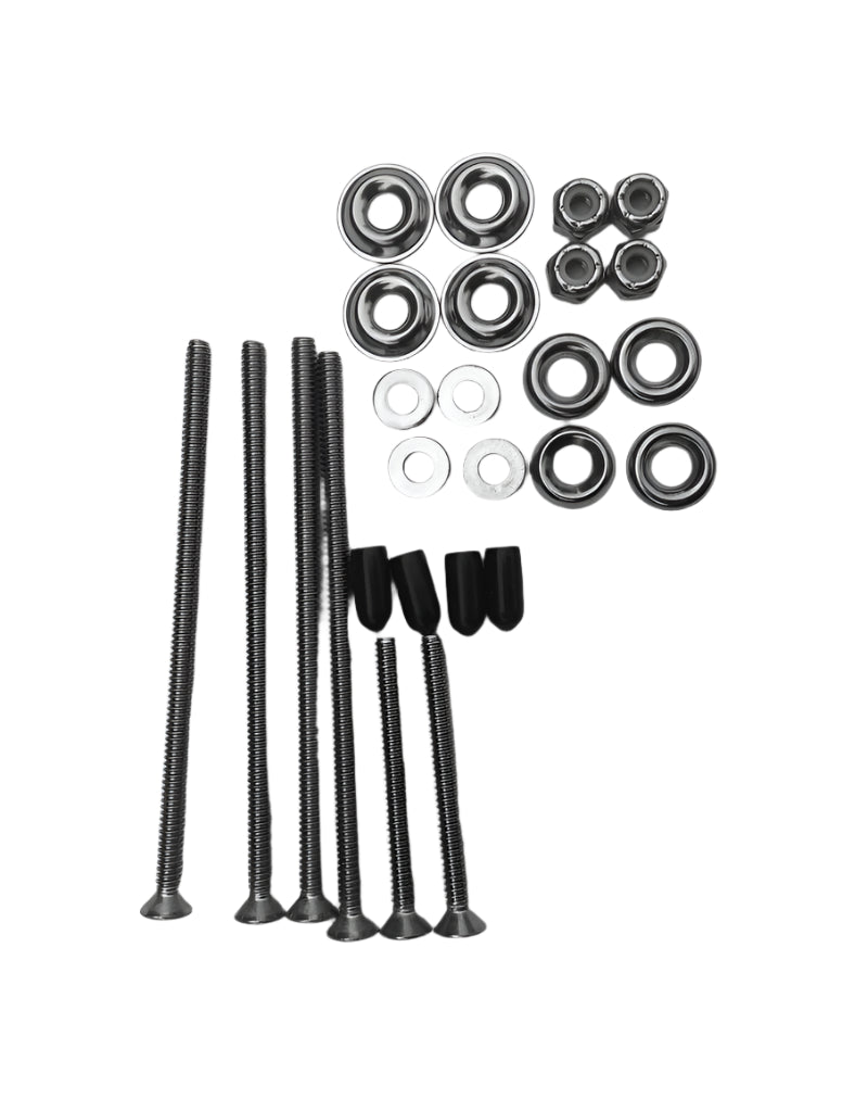 Collection of nuts, washers, and screws on a white background