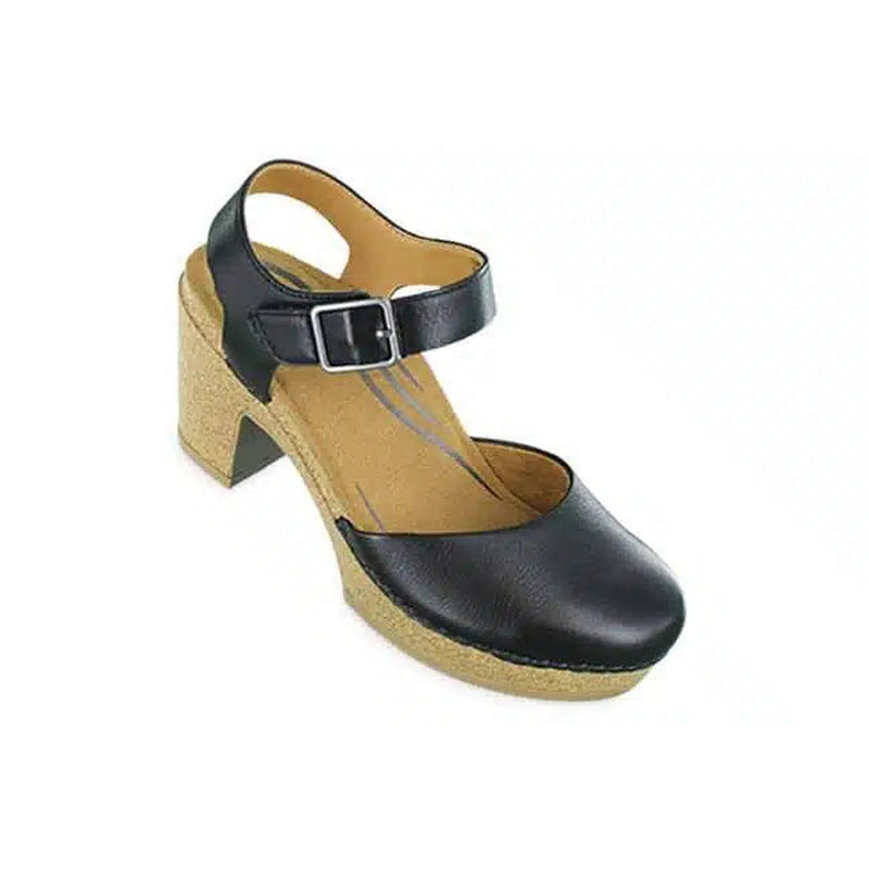 Side view of a black and tan colored high heel sandal with a silver buckle against a white background. 