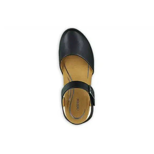 Top-down view of a black and tan high heel sandal with a silver buckle against a white background. 