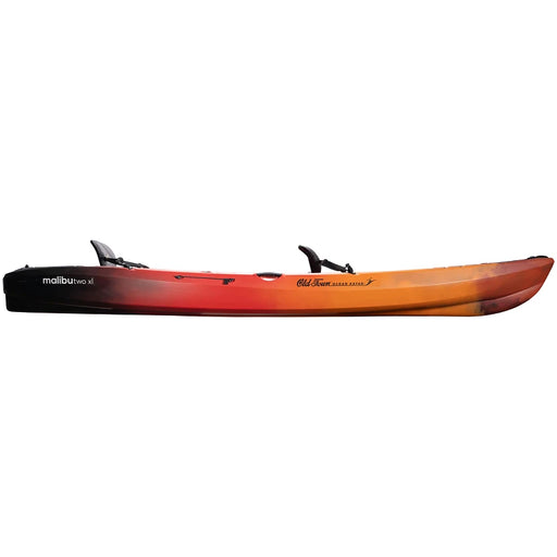 An orange and red kayak from the side on a white background
