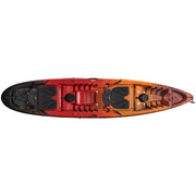 An orange and red kayak from the top on a white background