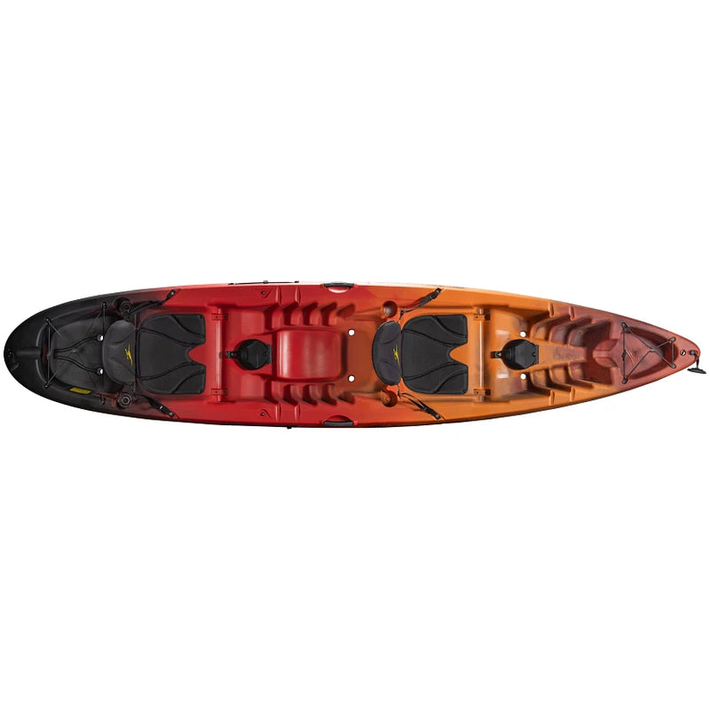 An orange and red kayak from the top on a white background