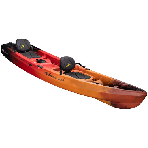 An orange and red kayak on a white background