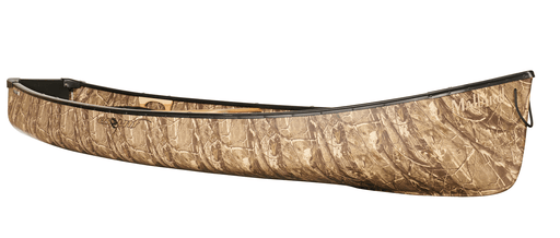 Side view of a camouflage patterned canoe against a white background. 