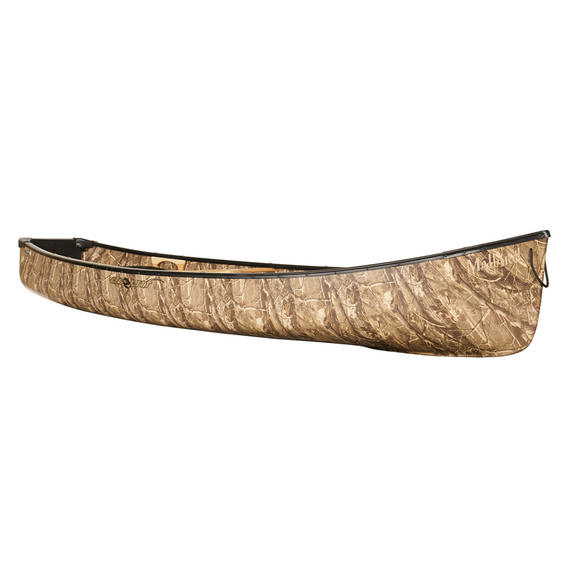 Side view of a light brown camouflage canoe on a white background.
