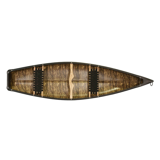 Top view of a canoe with seating installed on a white background.