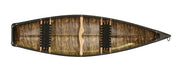 Top view of a camouflage patterned canoe with two web seats and a yoke in the middle against a white background. 