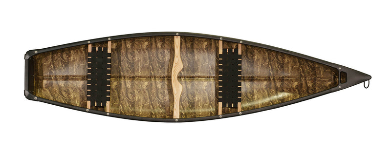 Top view of a camouflage patterned canoe with two web seats and a yoke in the middle against a white background. 