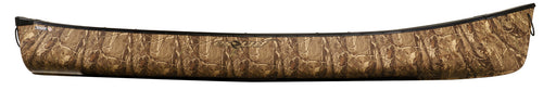 Side view of a camouflage patterned canoe against a white background. 