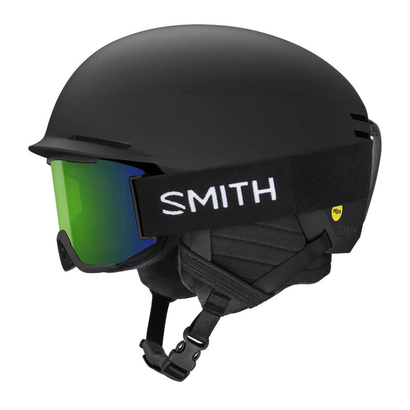 Black helmet with green visor and 'Smith' branding on a white background