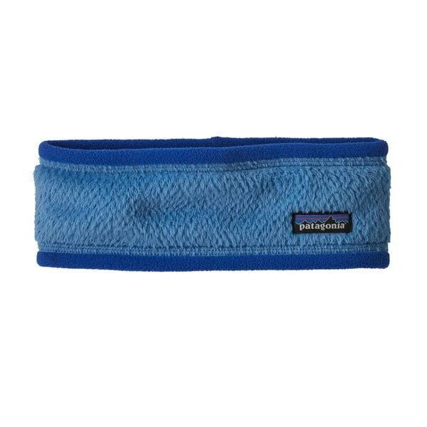 Blue fleece headband with Patagonia logo on a white background