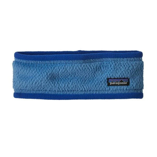 Blue fleece headband with Patagonia logo on a white background