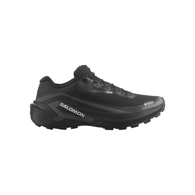 Black running shoe with white branding on a white background