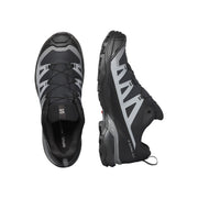 Black and gray hiking shoes with brand logo on a white background