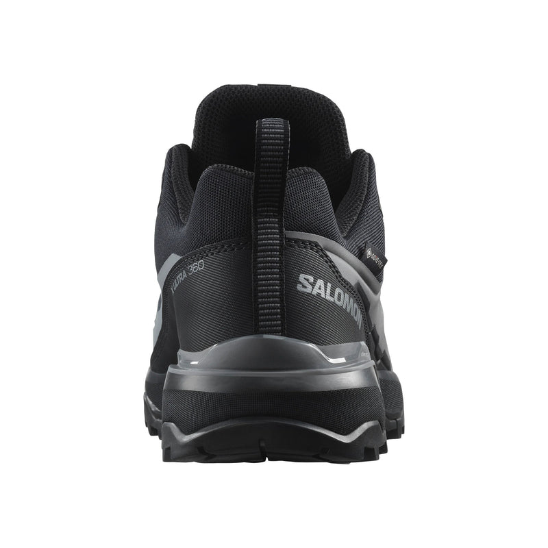 A black and gray Salomon X Ultra 360 trail running shoe shown from a back view against a plain white background.