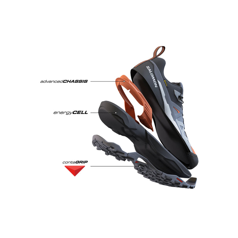 A technical shoe component diagram on a white background, showing layered parts labeled 'advanced CHASSIS', 'energy CELL', and 'contagrip' with a red triangle icon. The shoe itself is dark gray/black with orange and light gray accents.