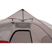 Close-up of a tent with red and gray color scheme on a white background