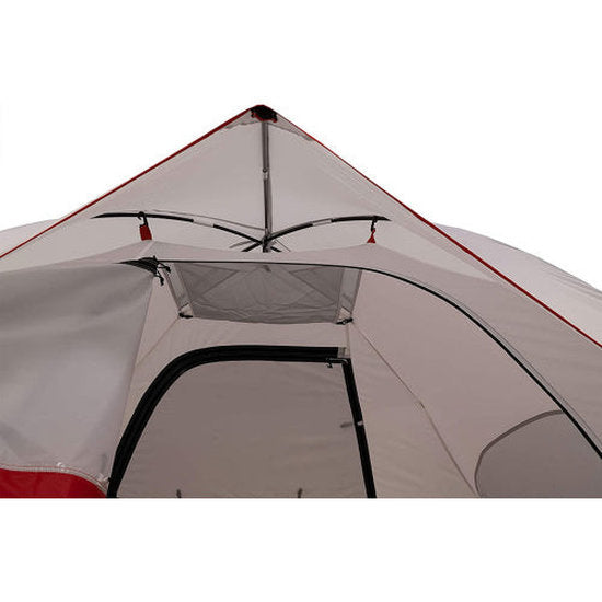Close-up of a tent with red and gray color scheme on a white background