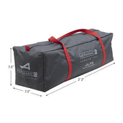 Gray camping tent bag with red straps and dimensions on a white background