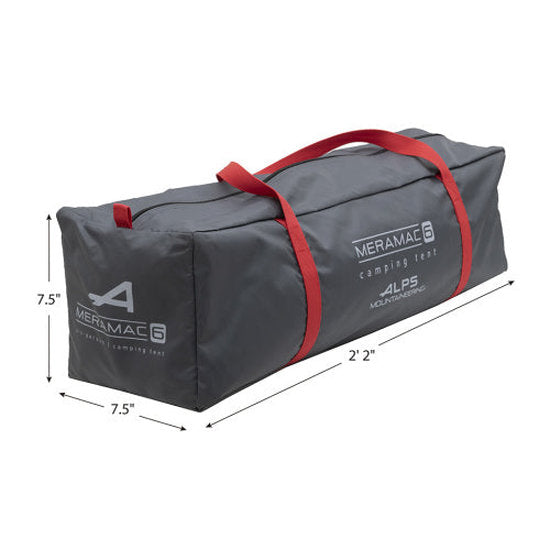 Gray camping tent bag with red straps and dimensions on a white background