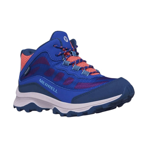 Blue and orange Merrell hiking boot on a white background