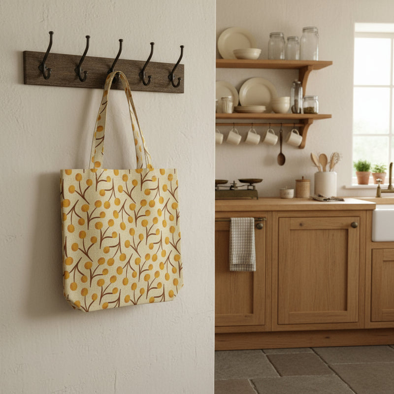 Tote bag with yellow floral pattern hanging on a wooden hook in a kitchen.