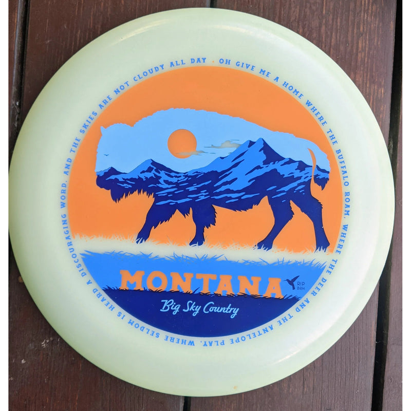 A circular disc golf disc with a vintage-style Montana graphic, featuring a blue bison, mountains, and an orange sky, displayed on a dark wooden surface.