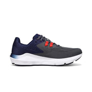 A gray running shoe with a white bottom on a white background